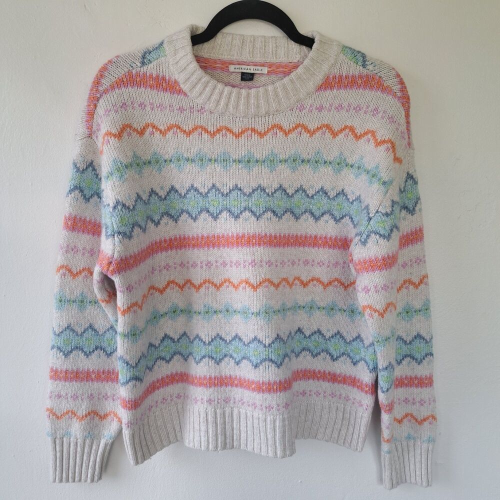American Eagle Medium Pastel Chevron Striped Fair Isle Sweater Cropped Womens